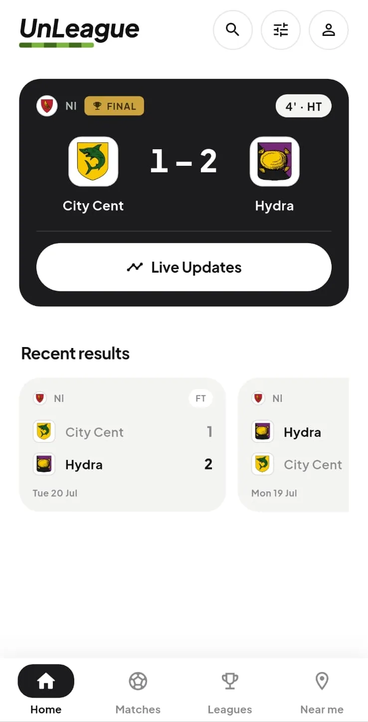 UnLeague home feed with a live match card for City Cent versus Hydra and a list of recent results