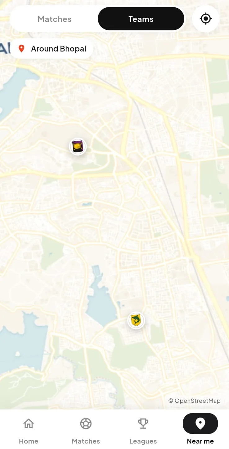 The near me map in UnLeague showing club pins around Bhopal